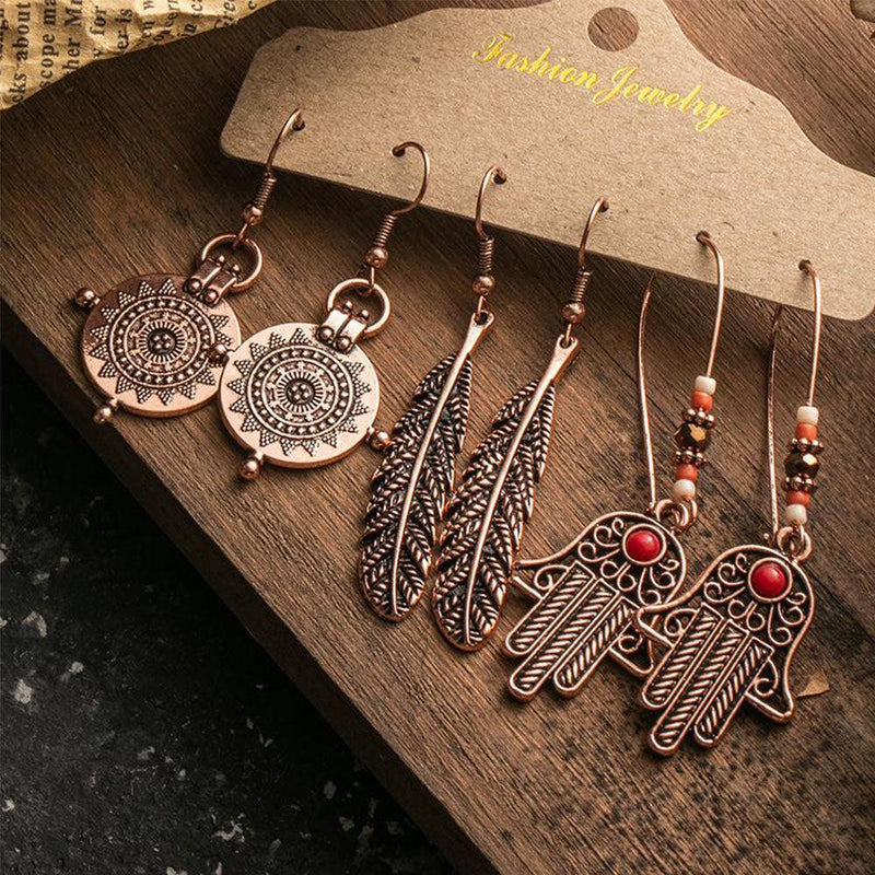 Tibetan Copper Mosaic Bohemian Dangle Earrings Collection - 3 Pairs of Unique Designs - Lucid Fantasy 