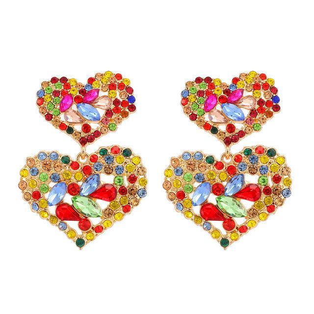 Vibrant Double Heart Crystal Drop Earrings - Lucid Fantasy 