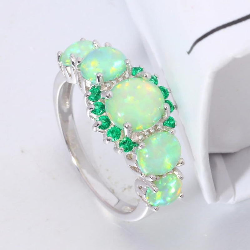 Vibrant Green Fire Opal and Quartz Inlay Ring in Sterling Silver - Lucid Fantasy 