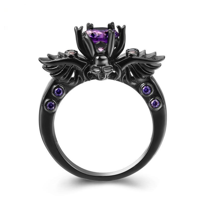 Violet Claw-Set Gothic Skull and Wings Ring - Lucid Fantasy 