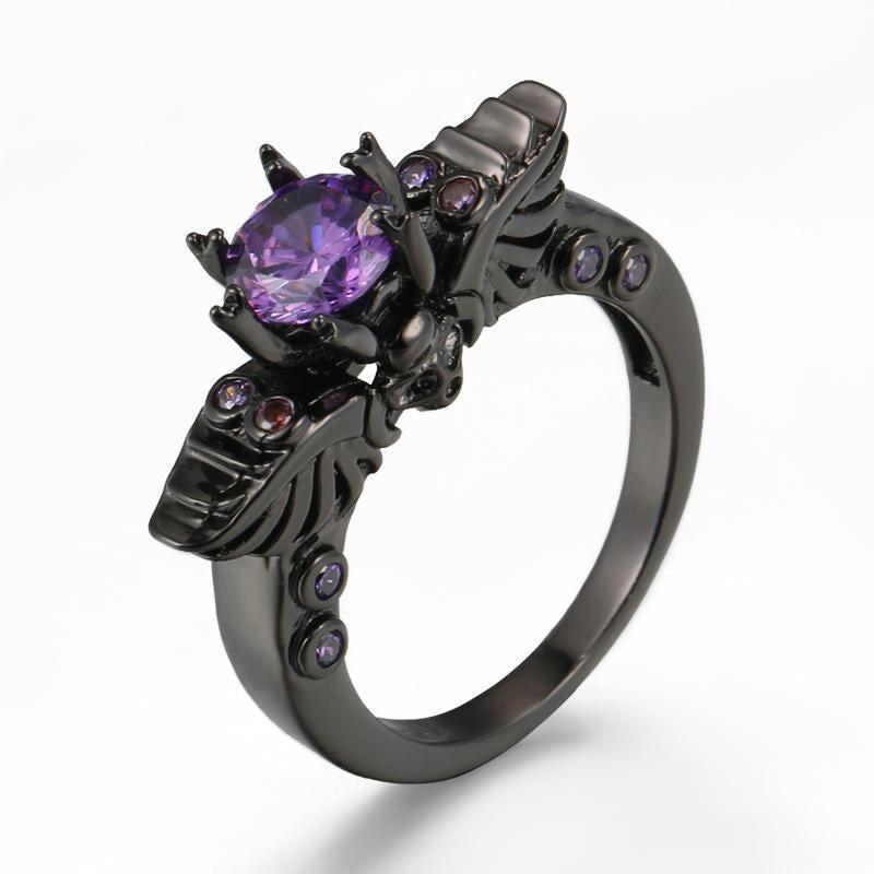 Violet Claw-Set Gothic Skull and Wings Ring - Lucid Fantasy 