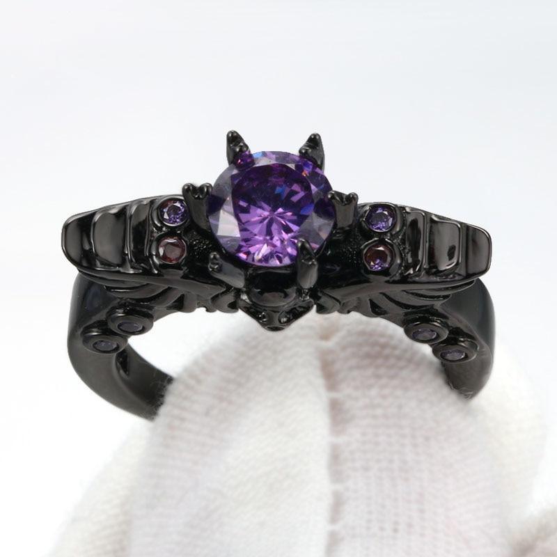 Violet Claw-Set Gothic Skull and Wings Ring - Lucid Fantasy 