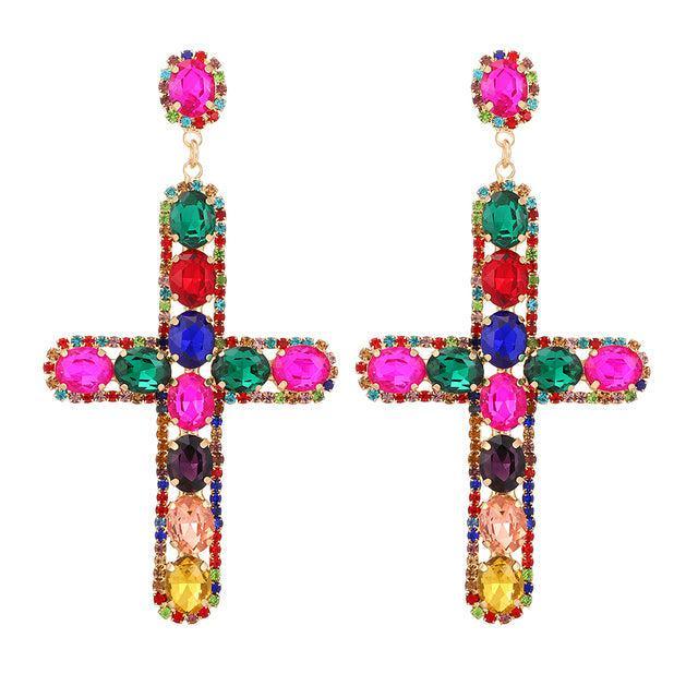 Vivid Crystal Cross Dangle Earrings - 7 Stunning Shades Available - Lucid Fantasy 