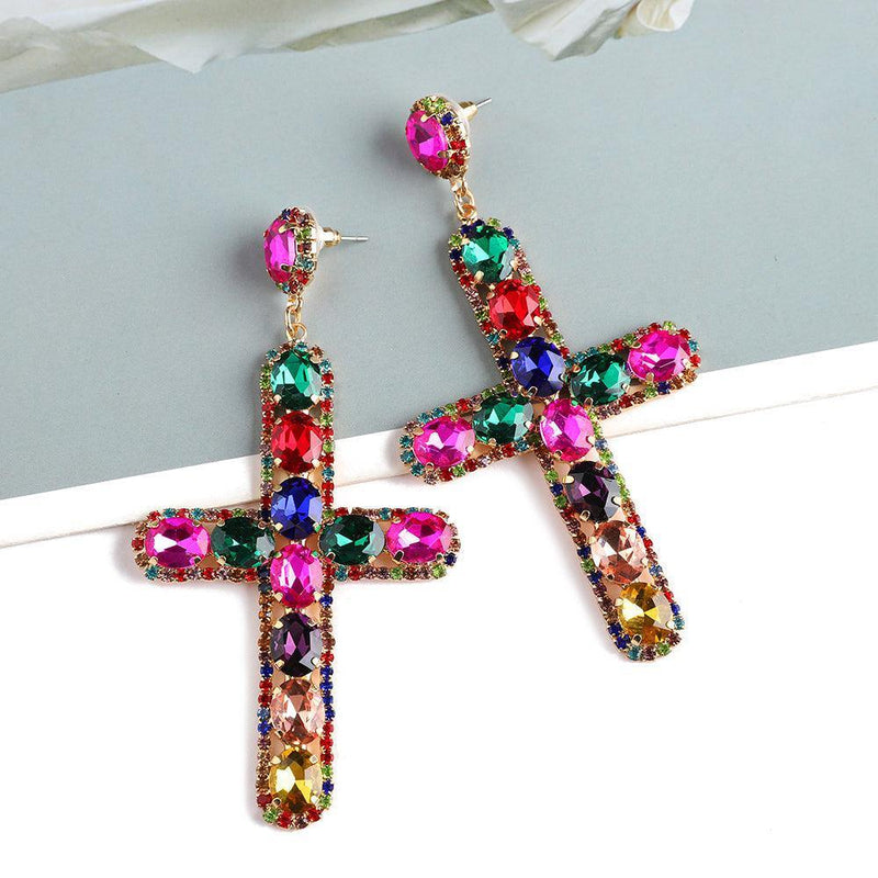 Vivid Crystal Cross Dangle Earrings - 7 Stunning Shades Available - Lucid Fantasy 