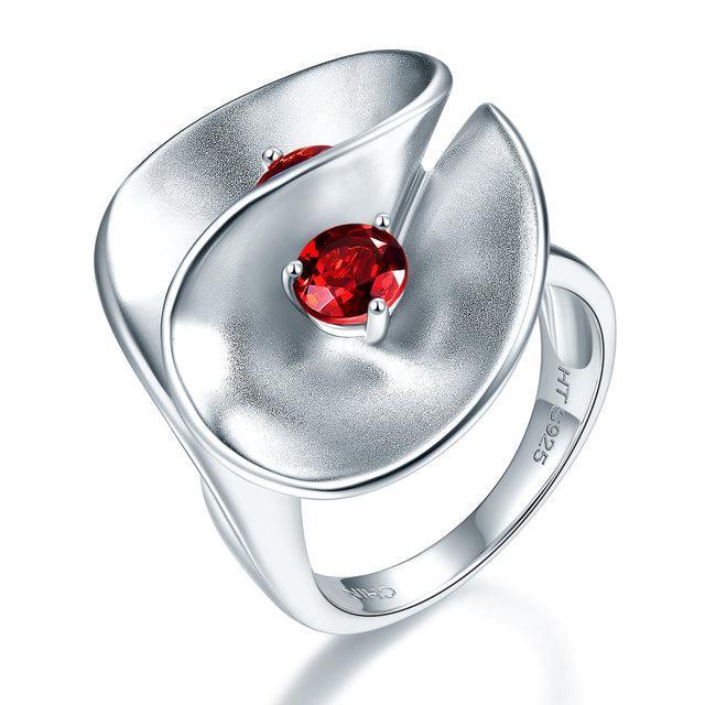 Wavy Sterling Silver Double Stone Ring Featuring 1.8ct Red Garnet - Lucid Fantasy 