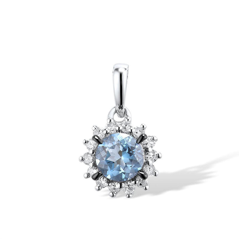 White Gold (14k) Snowflake Necklace Pendant with 0.28ct Round London Blue Topaz and 0.07 Round Cut Sparkling Diamond - Lucid Fantasy 