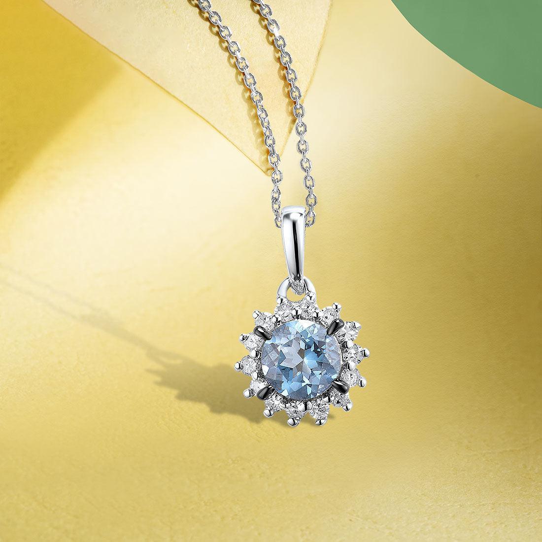 White Gold (14k) Snowflake Necklace Pendant with 0.28ct Round London Blue Topaz and 0.07 Round Cut Sparkling Diamond - Lucid Fantasy 