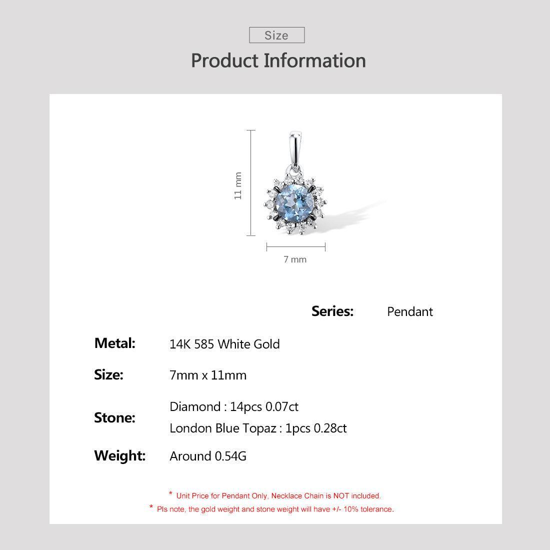 White Gold (14k) Snowflake Necklace Pendant with 0.28ct Round London Blue Topaz and 0.07 Round Cut Sparkling Diamond - Lucid Fantasy 