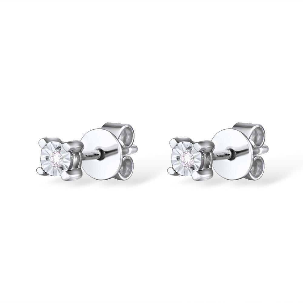 White Gold (14k) Sparkling Illusion Stud Earrings with 2PCS SI2 0.029ct Round Diamond - Lucid Fantasy 