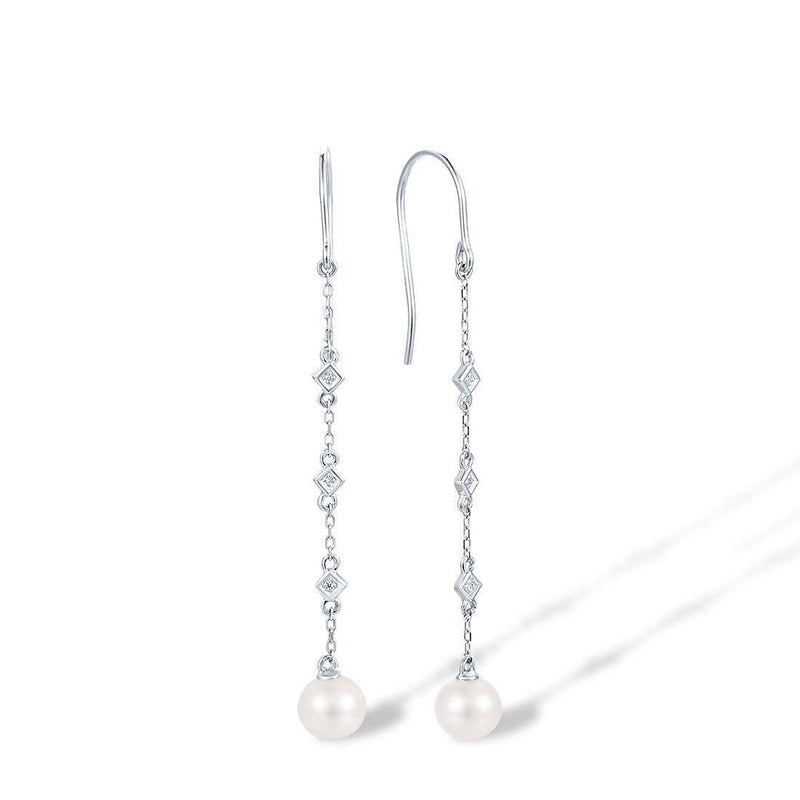 White Gold (9k) Longline Dangle Earrings with 6PCS - 0.01ct Diamond and 2PCS - 4.33ct White Pearl - Lucid Fantasy 