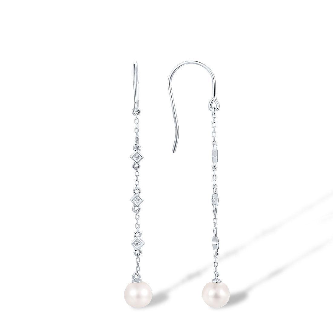 White Gold (9k) Longline Dangle Earrings with 6PCS - 0.01ct Diamond and 2PCS - 4.33ct White Pearl - Lucid Fantasy 