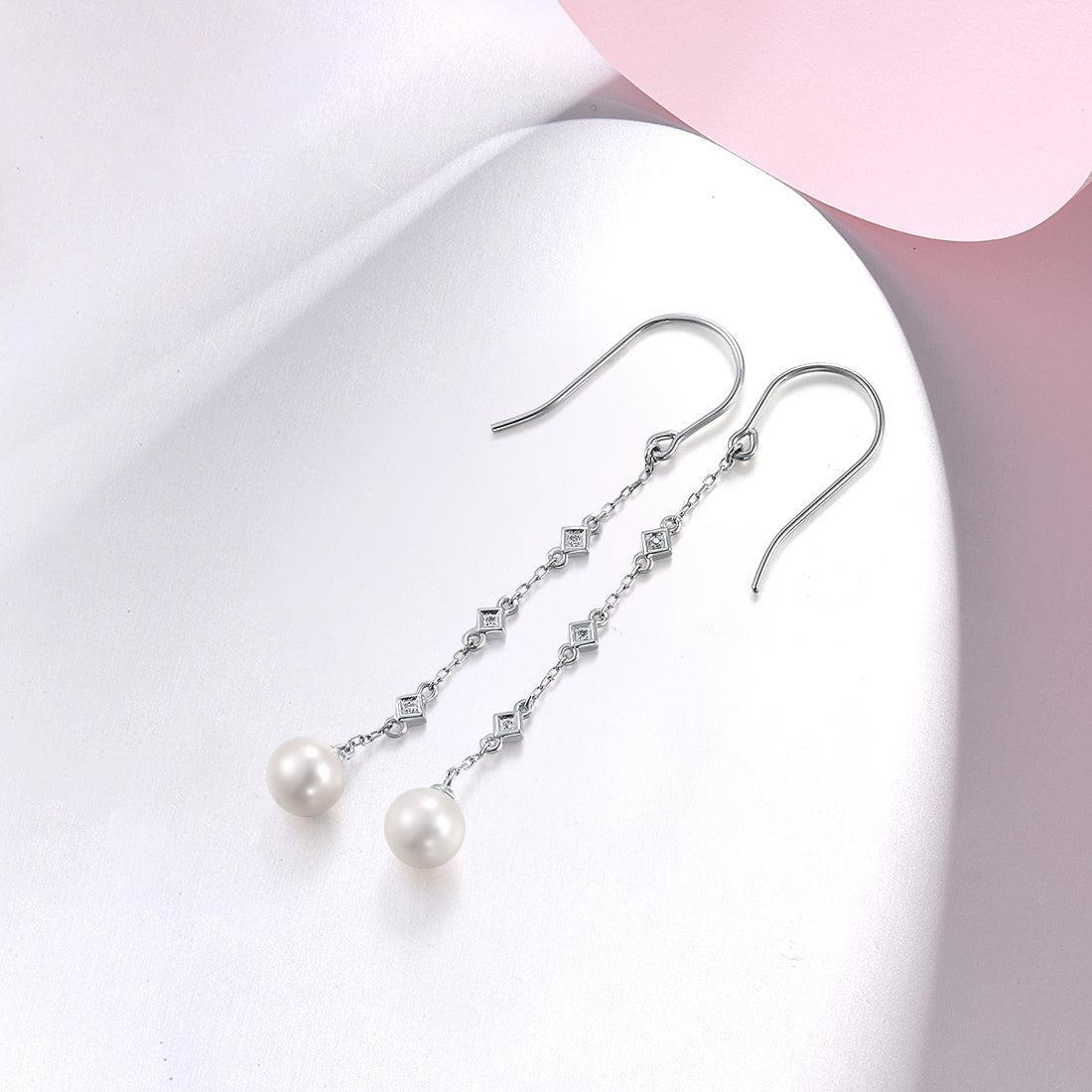 White Gold (9k) Longline Dangle Earrings with 6PCS - 0.01ct Diamond and 2PCS - 4.33ct White Pearl - Lucid Fantasy 