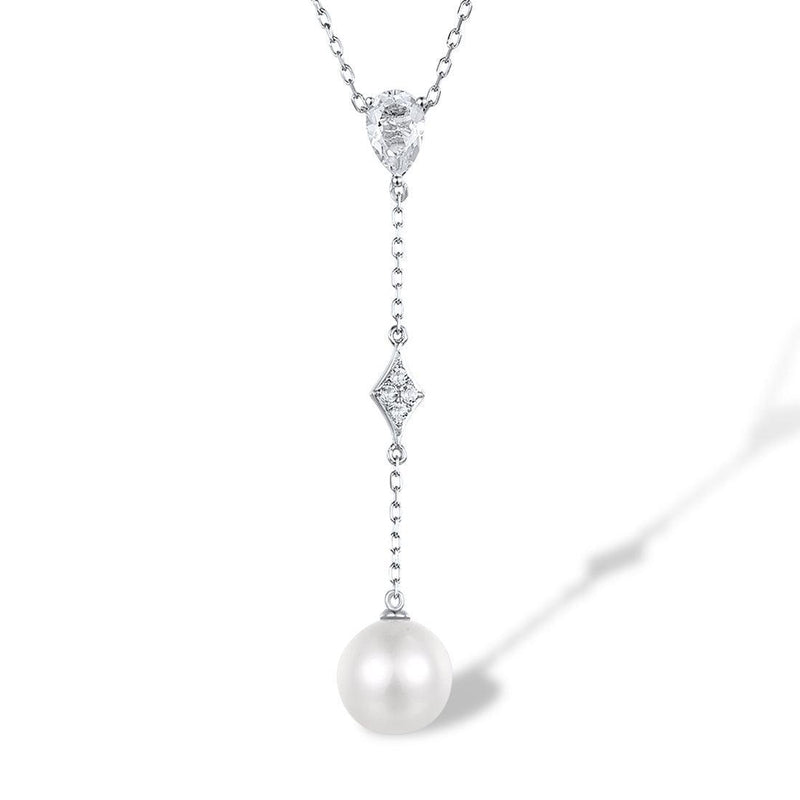 White Gold (9k) Longline Drop Pendant Necklace with 0.65ct White Topaz and 3.9ct White Pearl - Lucid Fantasy 