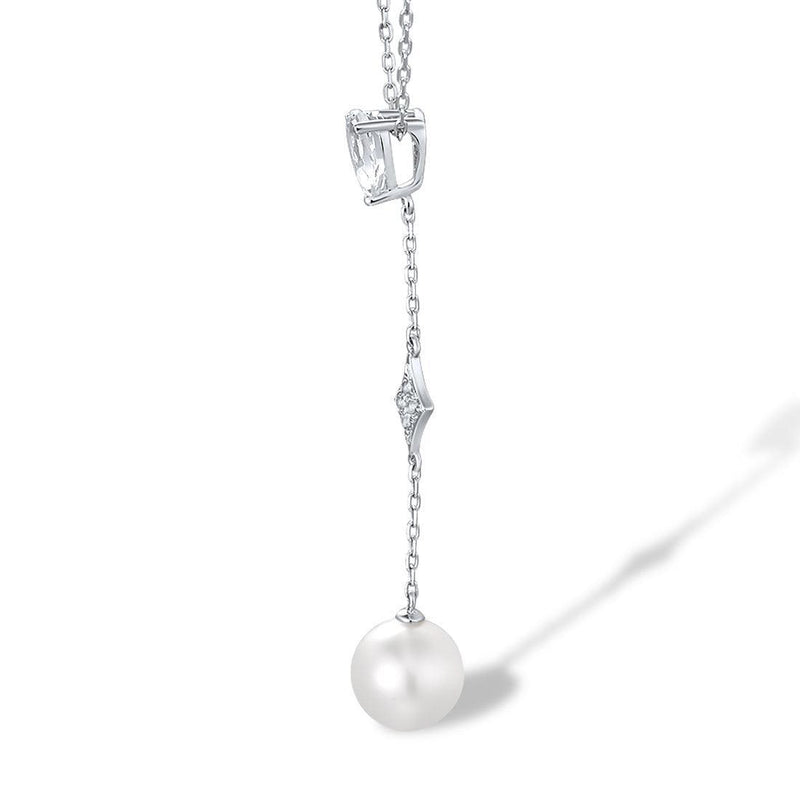 White Gold (9k) Longline Drop Pendant Necklace with 0.65ct White Topaz and 3.9ct White Pearl - Lucid Fantasy 