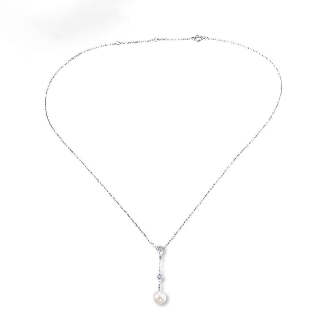 White Gold (9k) Longline Drop Pendant Necklace with 0.65ct White Topaz and 3.9ct White Pearl - Lucid Fantasy 