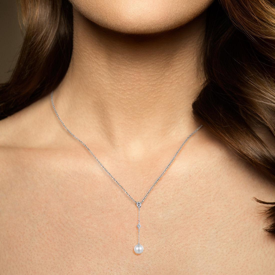 White Gold (9k) Longline Drop Pendant Necklace with 0.65ct White Topaz and 3.9ct White Pearl - Lucid Fantasy 