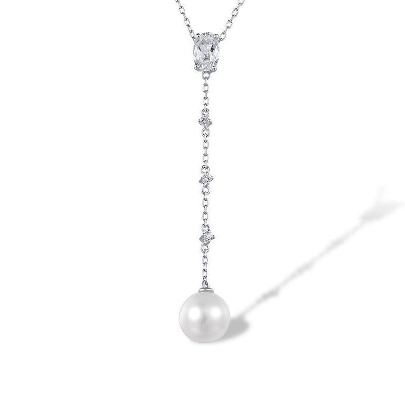 White Gold (9k) Longline Triple Drop Pendant Necklace with 0.53ct White Topaz and 3.9ct White Pearl - Lucid Fantasy 