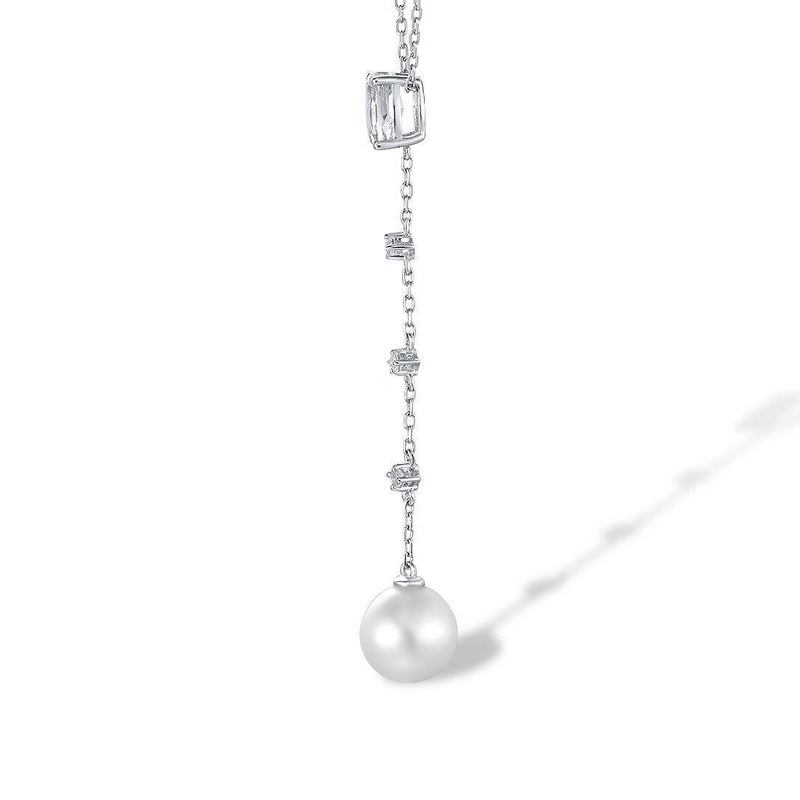 White Gold (9k) Longline Triple Drop Pendant Necklace with 0.53ct White Topaz and 3.9ct White Pearl - Lucid Fantasy 