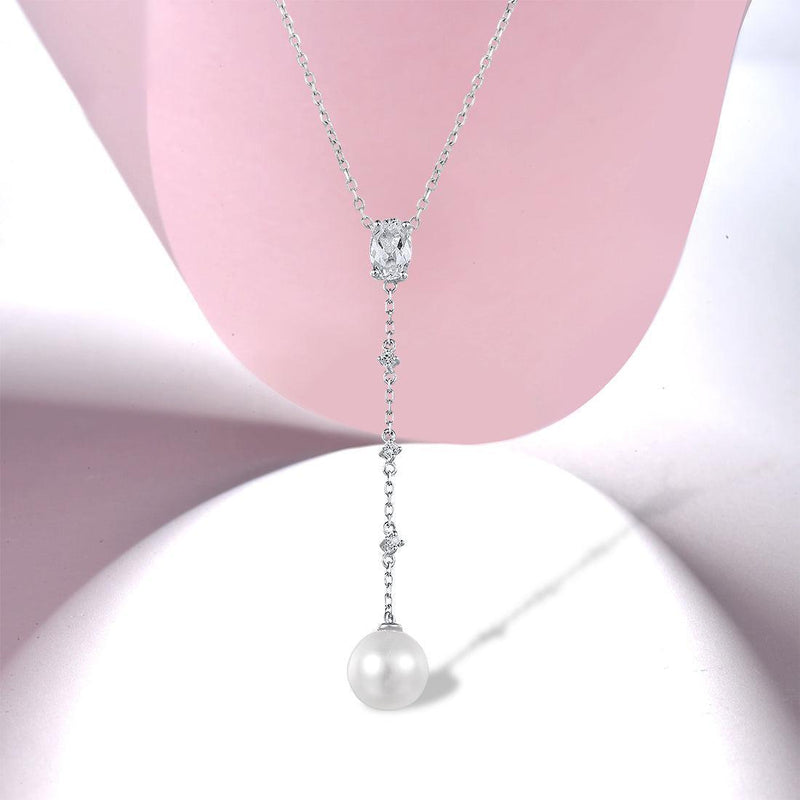 White Gold (9k) Longline Triple Drop Pendant Necklace with 0.53ct White Topaz and 3.9ct White Pearl - Lucid Fantasy 