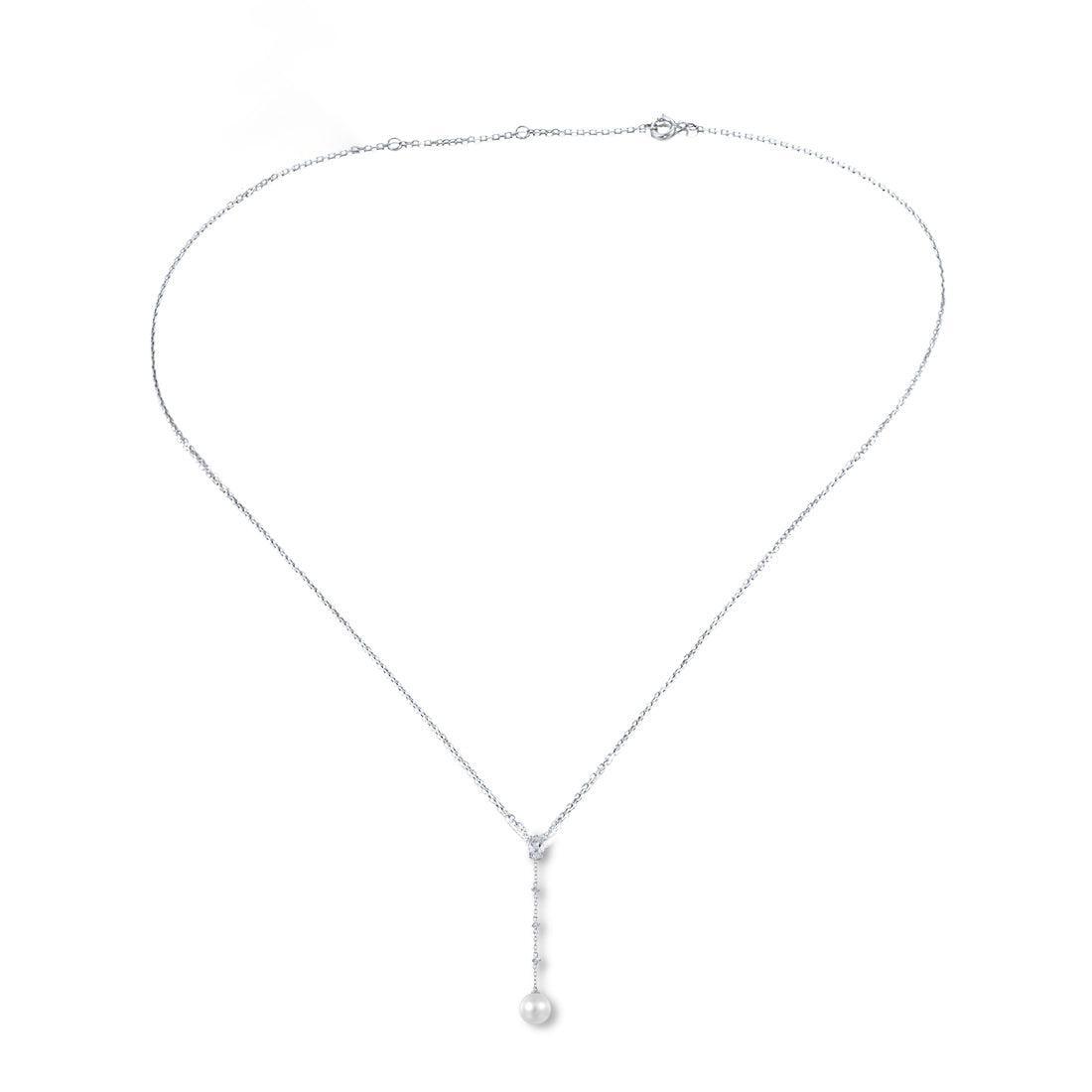 White Gold (9k) Longline Triple Drop Pendant Necklace with 0.53ct White Topaz and 3.9ct White Pearl - Lucid Fantasy 