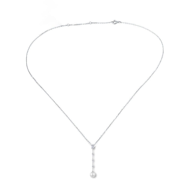 White Gold (9k) Longline Triple Drop Pendant Necklace with 0.53ct White Topaz and 3.9ct White Pearl - Lucid Fantasy 