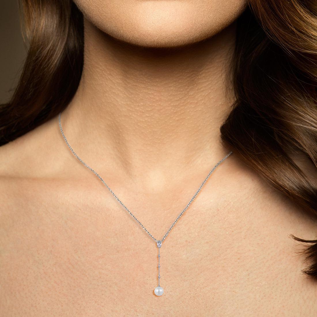 White Gold (9k) Longline Triple Drop Pendant Necklace with 0.53ct White Topaz and 3.9ct White Pearl - Lucid Fantasy 