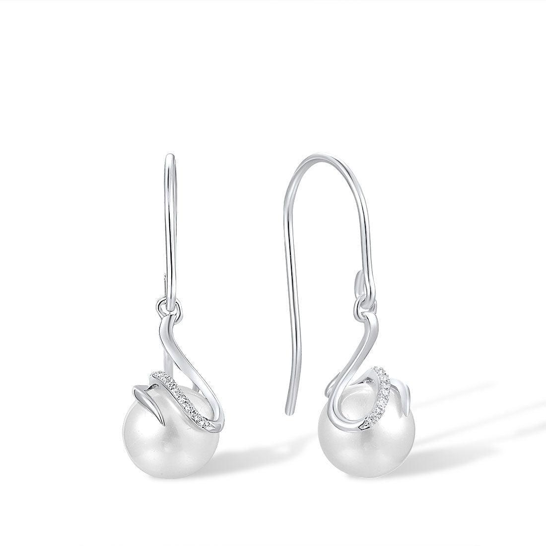 White Gold (9k) Swirl Drop Dangle Earrings with 0.04ct Diamond Pave and 5ct White Freshwater Pearl - Lucid Fantasy 