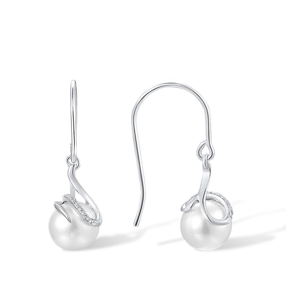 White Gold (9k) Swirl Drop Dangle Earrings with 0.04ct Diamond Pave and 5ct White Freshwater Pearl - Lucid Fantasy 