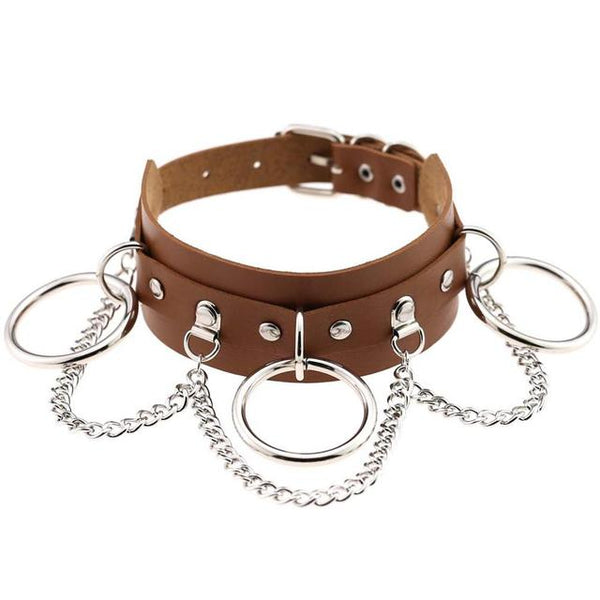 Wide Cuff Chain Dangle O-Ring Leather Choker