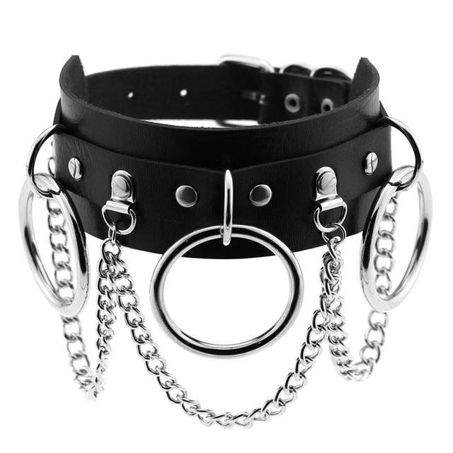 Wide Cuff Chain Dangle O-Ring Leather Choker - Lucid Fantasy 