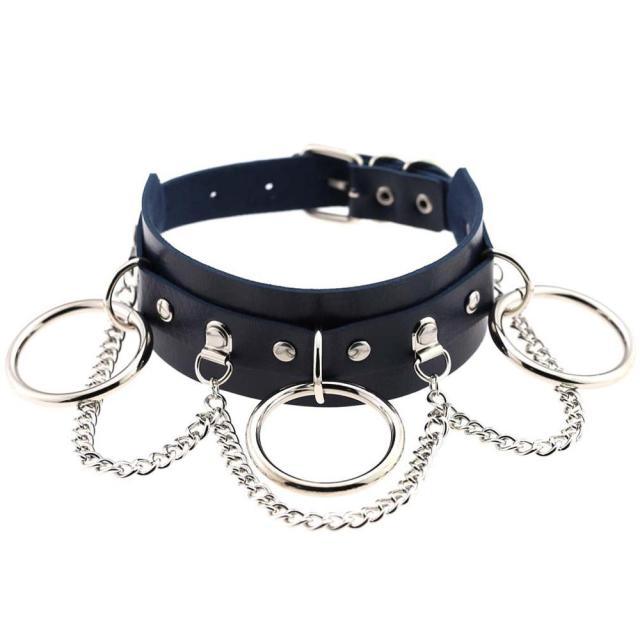 Wide Cuff Chain Dangle O-Ring Leather Choker - Lucid Fantasy 