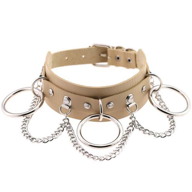 Wide Cuff Chain Dangle O-Ring Leather Choker - Lucid Fantasy 