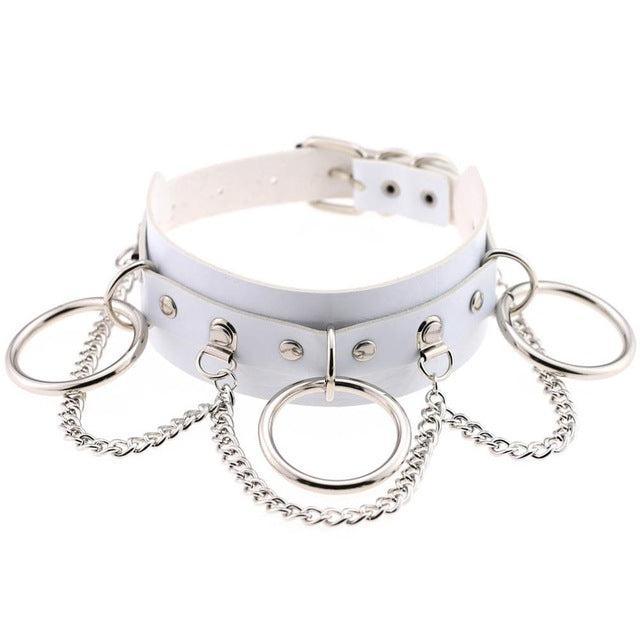 Wide Cuff Chain Dangle O-Ring Leather Choker - Lucid Fantasy 