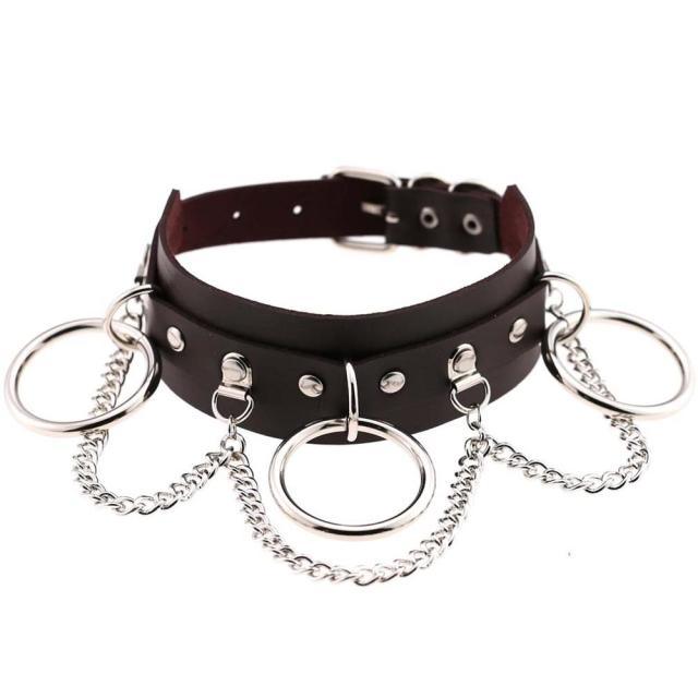 Wide Cuff Chain Dangle O-Ring Leather Choker - Lucid Fantasy 