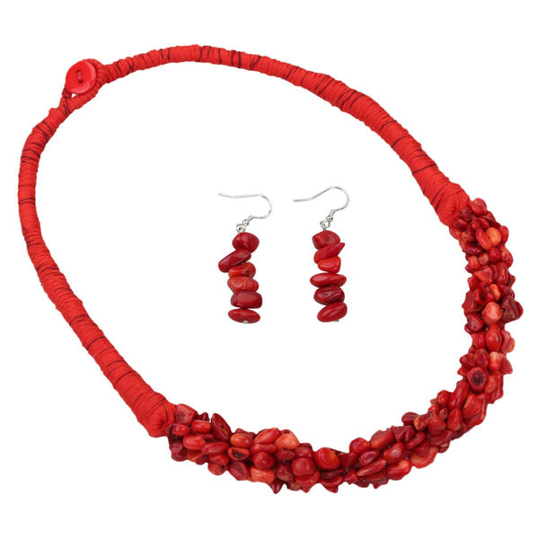 Woven Chunky Red Coral Gemstone Collar Necklace & Earring Set