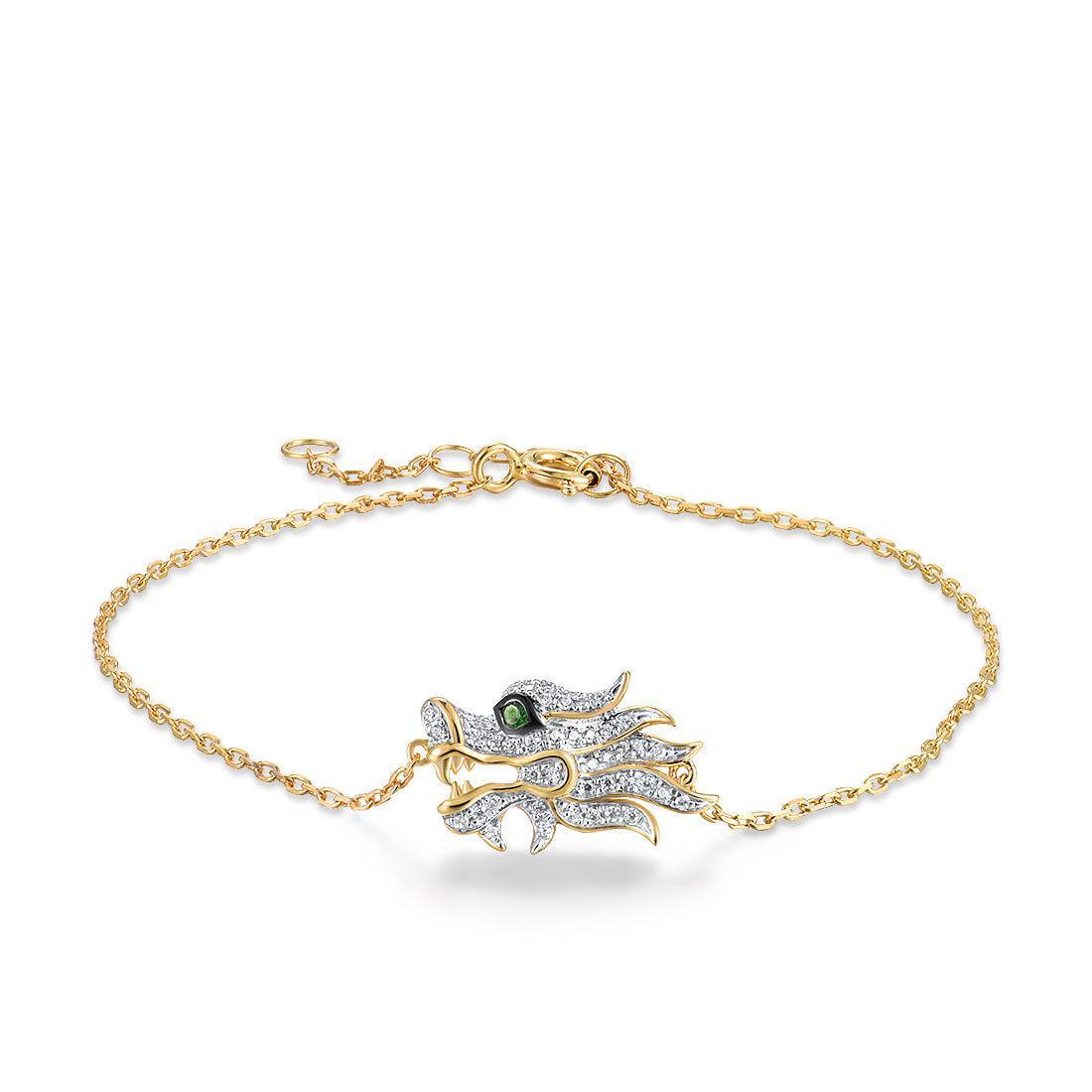 Yellow Gold (14k) Dragon Chain Link Charm Bracelet with 0.14ct Round Diamond and 0.02ct Green Garnet - Lucid Fantasy 