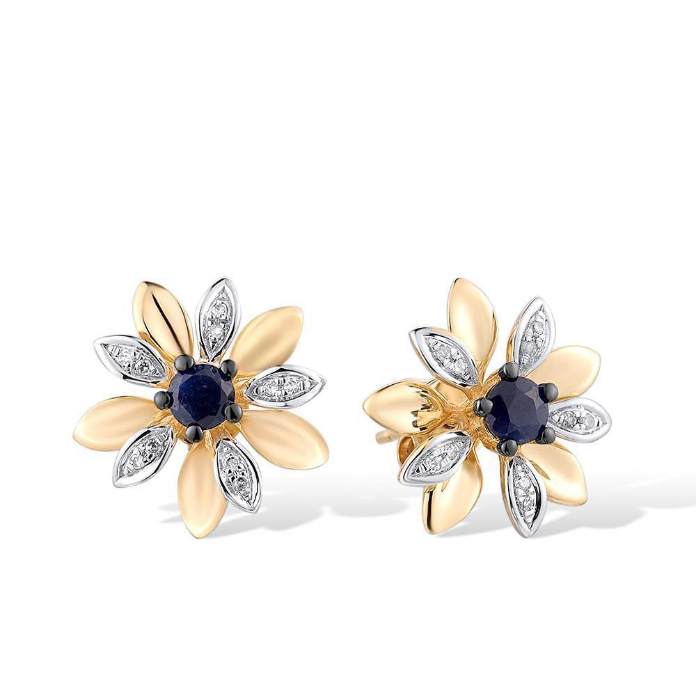 Yellow Gold (14k) Flower Blossom Stud Earrings with 0.44ct Blue Sapphire 0.06ct Diamond - Lucid Fantasy 