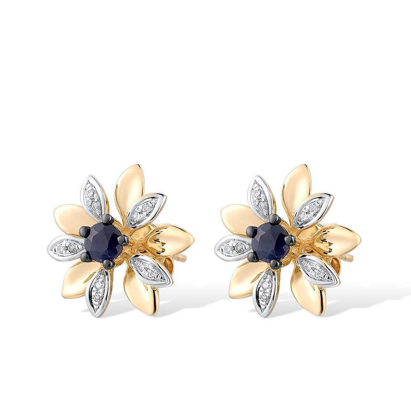 Yellow Gold (14k) Flower Blossom Stud Earrings with 0.44ct Blue Sapphire 0.06ct Diamond - Lucid Fantasy 