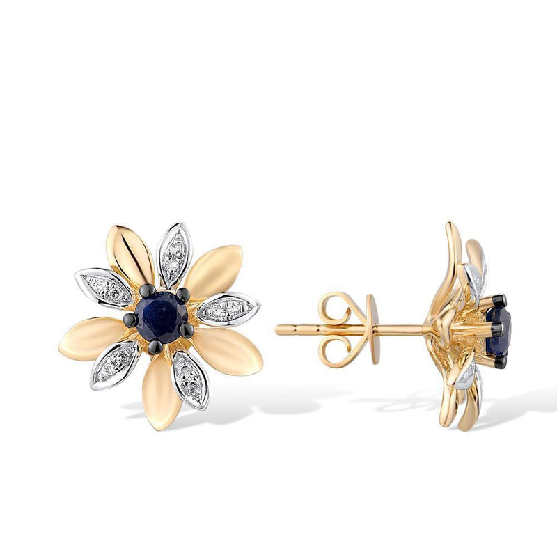 Yellow Gold (14k) Flower Blossom Stud Earrings with 0.44ct Blue Sapphire 0.06ct Diamond - Lucid Fantasy 