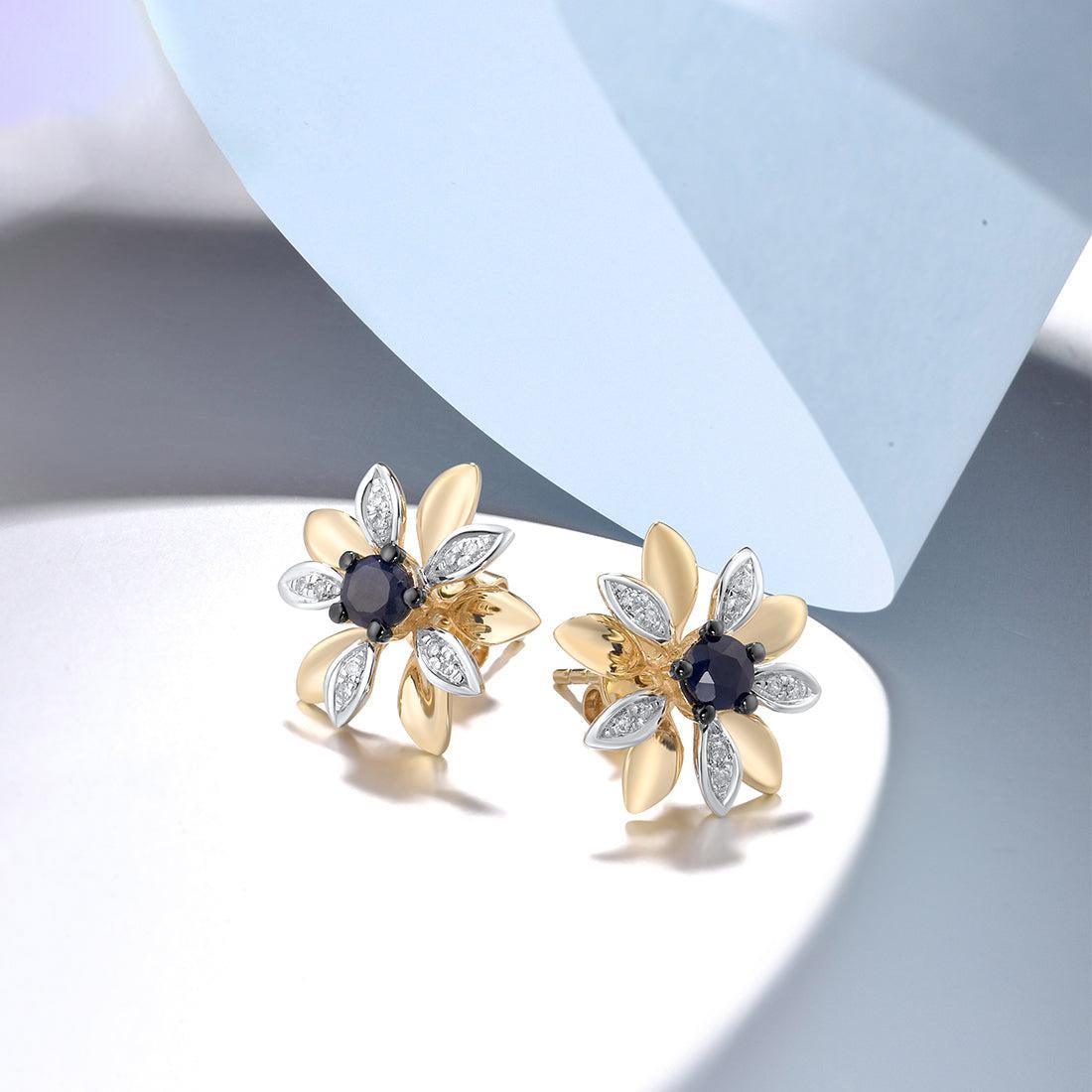 Yellow Gold (14k) Flower Blossom Stud Earrings with 0.44ct Blue Sapphire 0.06ct Diamond - Lucid Fantasy 