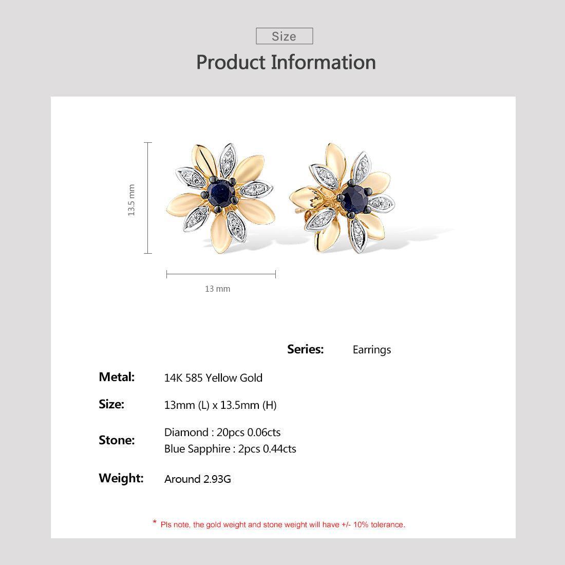 Yellow Gold (14k) Flower Blossom Stud Earrings with 0.44ct Blue Sapphire 0.06ct Diamond - Lucid Fantasy 