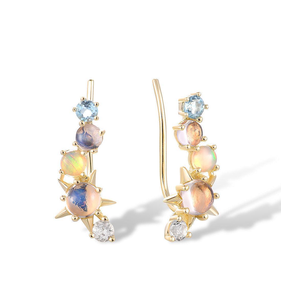 Yellow Gold (14k) Multi Stone Ear Climber Earrings with 0.19ct Opal/0.36ct Topaz/1.23ct Moonstone - Lucid Fantasy 