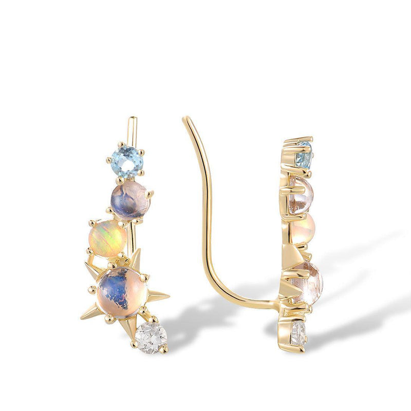 Yellow Gold (14k) Multi Stone Ear Climber Earrings with 0.19ct Opal/0.36ct Topaz/1.23ct Moonstone - Lucid Fantasy 