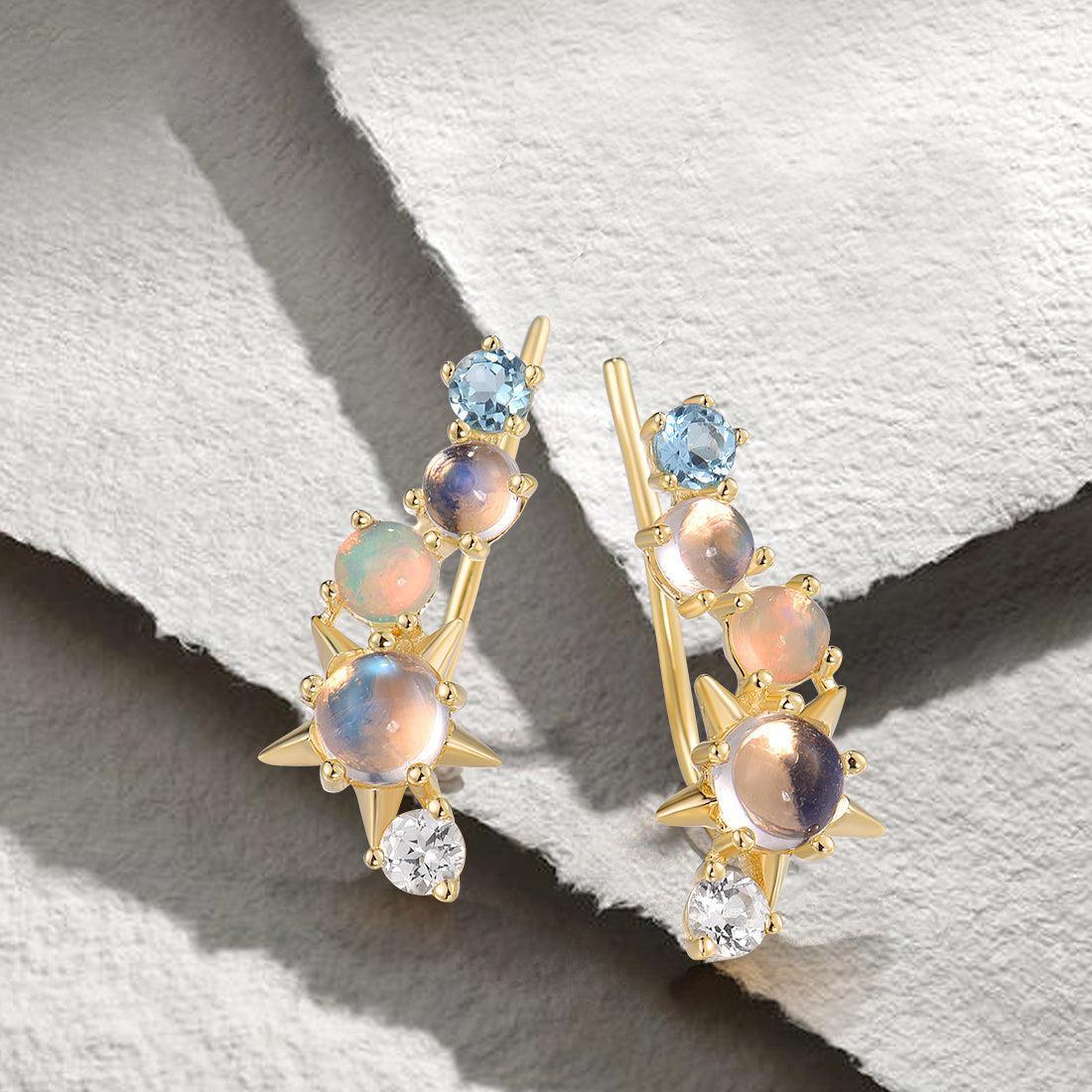 Yellow Gold (14k) Multi Stone Ear Climber Earrings with 0.19ct Opal/0.36ct Topaz/1.23ct Moonstone - Lucid Fantasy 