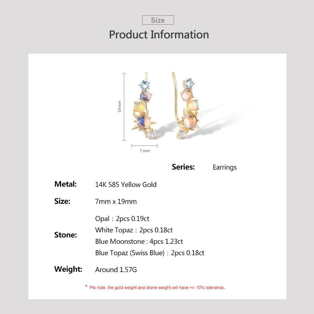 Yellow Gold (14k) Multi Stone Ear Climber Earrings with 0.19ct Opal/0.36ct Topaz/1.23ct Moonstone - Lucid Fantasy 