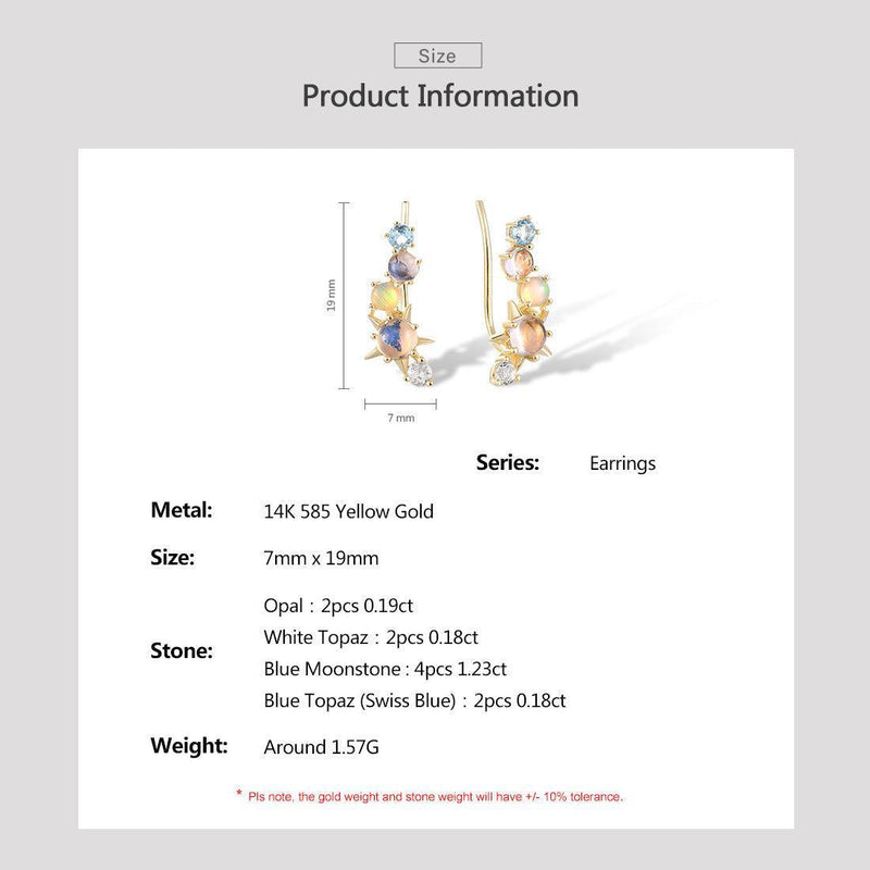 Yellow Gold (14k) Multi Stone Ear Climber Earrings with 0.19ct Opal/0.36ct Topaz/1.23ct Moonstone - Lucid Fantasy 