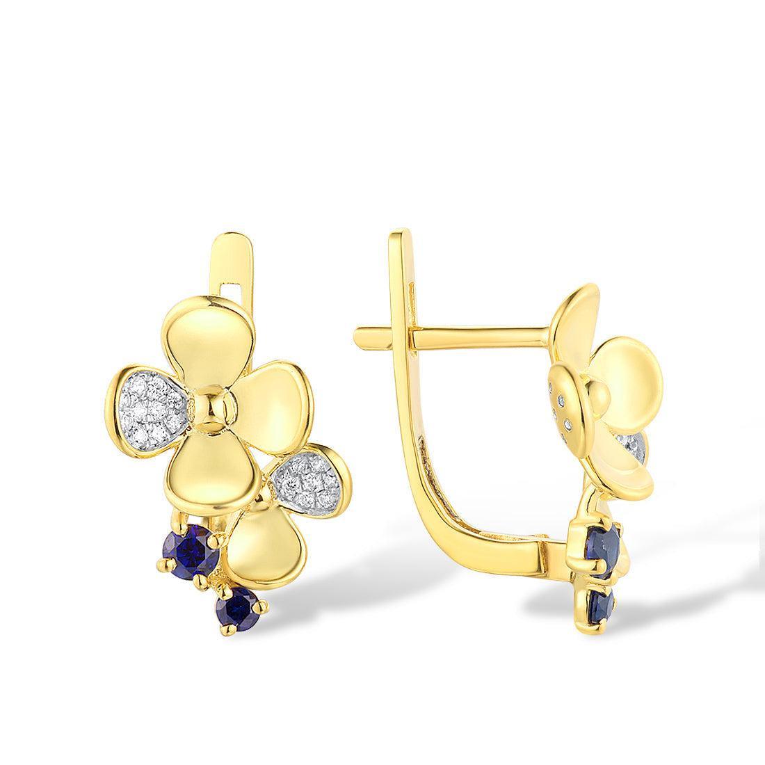 Yellow Gold (14k) Pave Floral Dangle Earrings with 0.27ct Blue Sapphire and 0.09ct Sparkling Diamond - Lucid Fantasy 