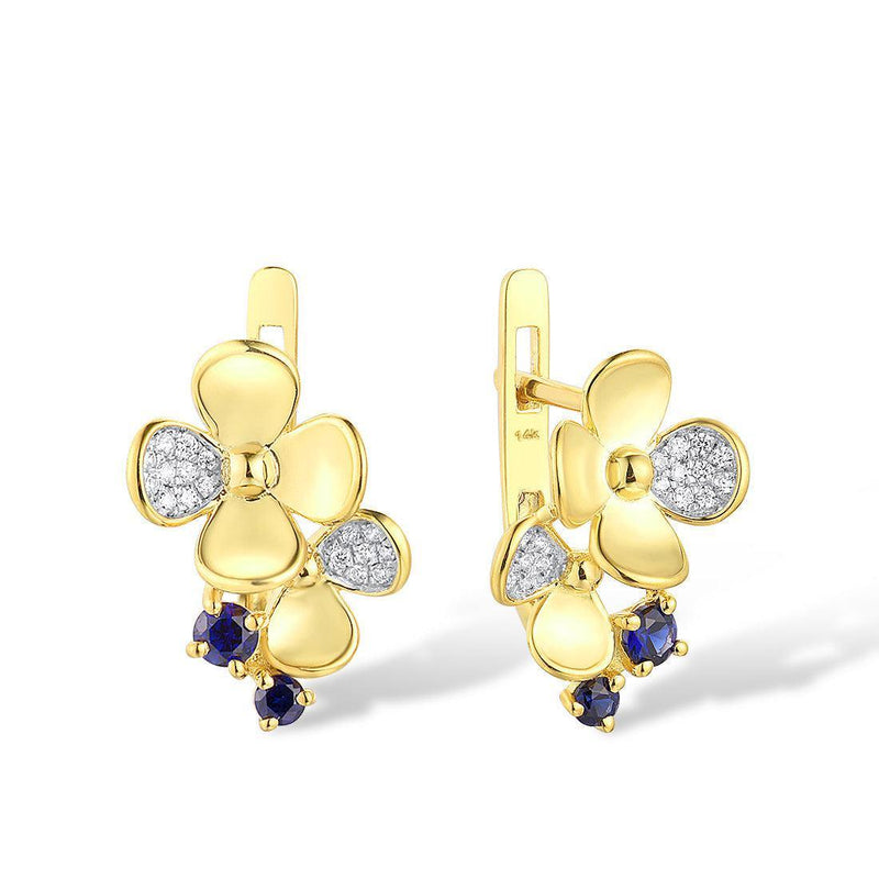 Yellow Gold (14k) Pave Floral Dangle Earrings with 0.27ct Blue Sapphire and 0.09ct Sparkling Diamond - Lucid Fantasy 