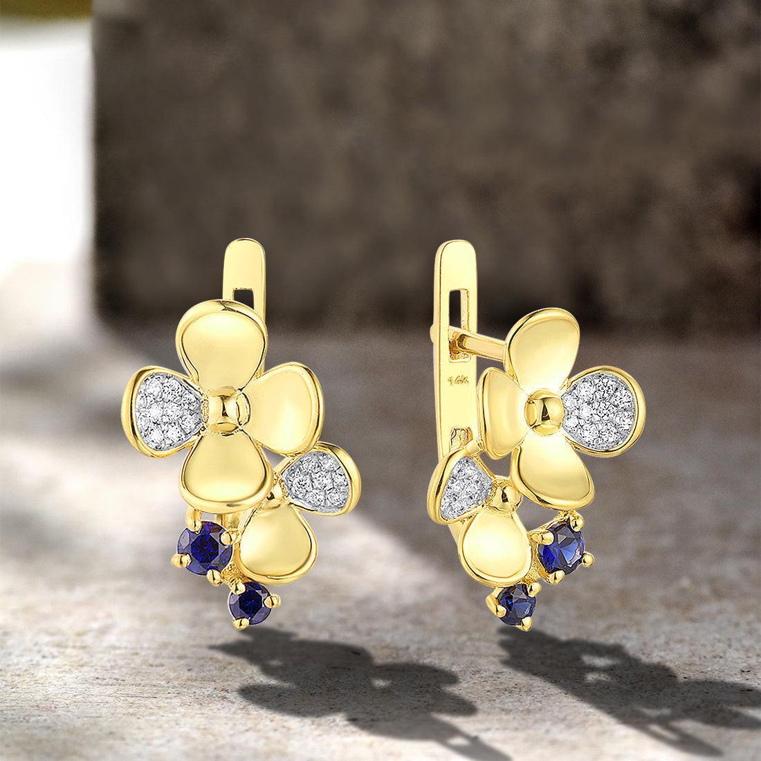 Yellow Gold (14k) Pave Floral Dangle Earrings with 0.27ct Blue Sapphire and 0.09ct Sparkling Diamond - Lucid Fantasy 