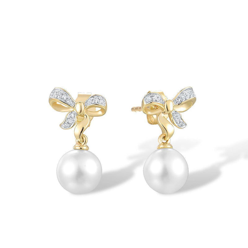 Yellow Gold (9k) Bowknot Stud Drop Earrings with 0.04ct Diamond Pave and 2PCS - 4.33ct White Pearl - Lucid Fantasy 